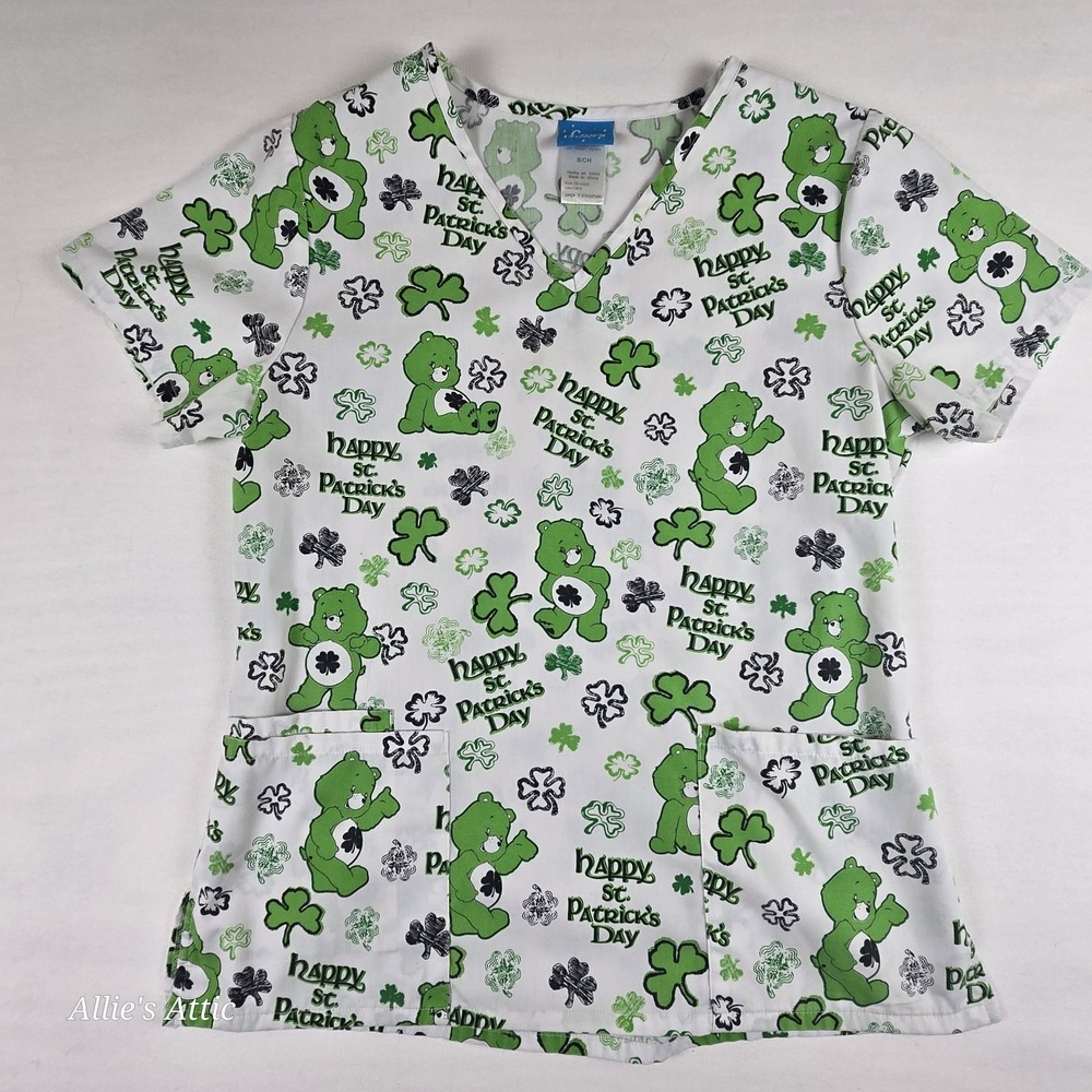 Womens Care Bears St. Patricks Day V-Neck Scrub Top Short Sleeve Shirt Pediatric